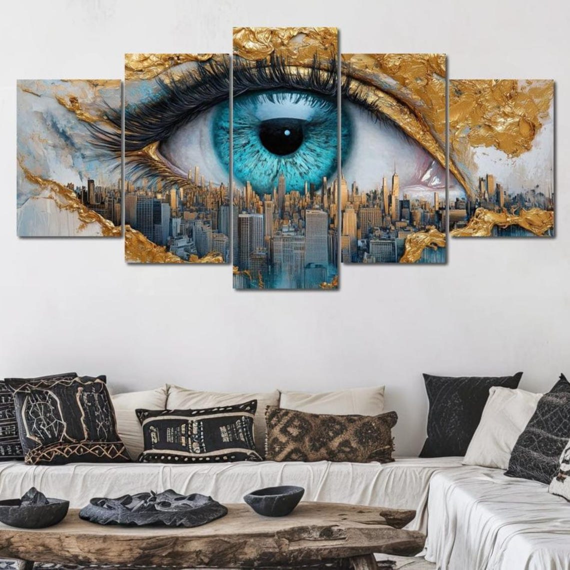 Golden Turquoise Eye Over City Skyline Multi Panel Luxury Wall Art