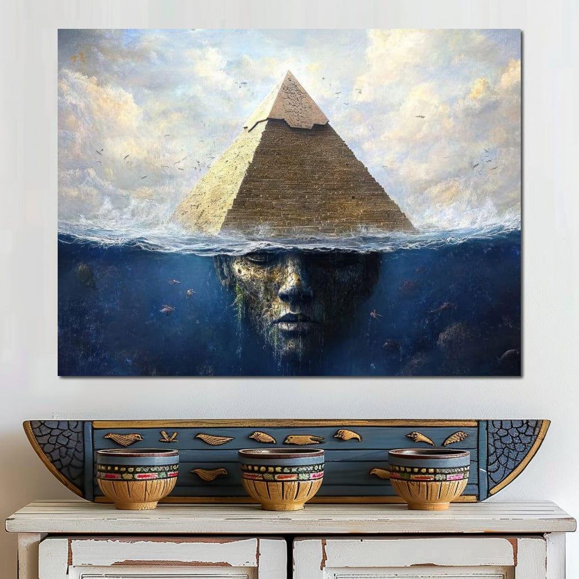 Great Pyramid Rising From The Ocean With Submerged Stone Face Wall Art - Image 2