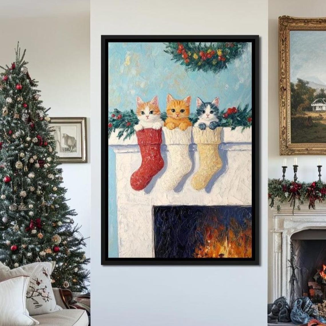 Three Cute Kittens In Christmas Stockings By The Fireplace Poster