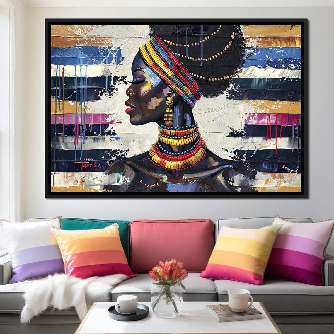 African Woman Striped Headwrap Beaded Necklaces Profile Wall Art - Image 3