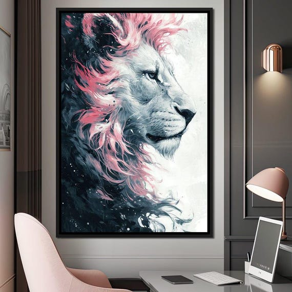 Majestic Pink Mane Monarch Lion Wall Decor Vibrant Animal Art Wildlife Portrait Bold Color Home Decor Modern Art By Nichecanvas