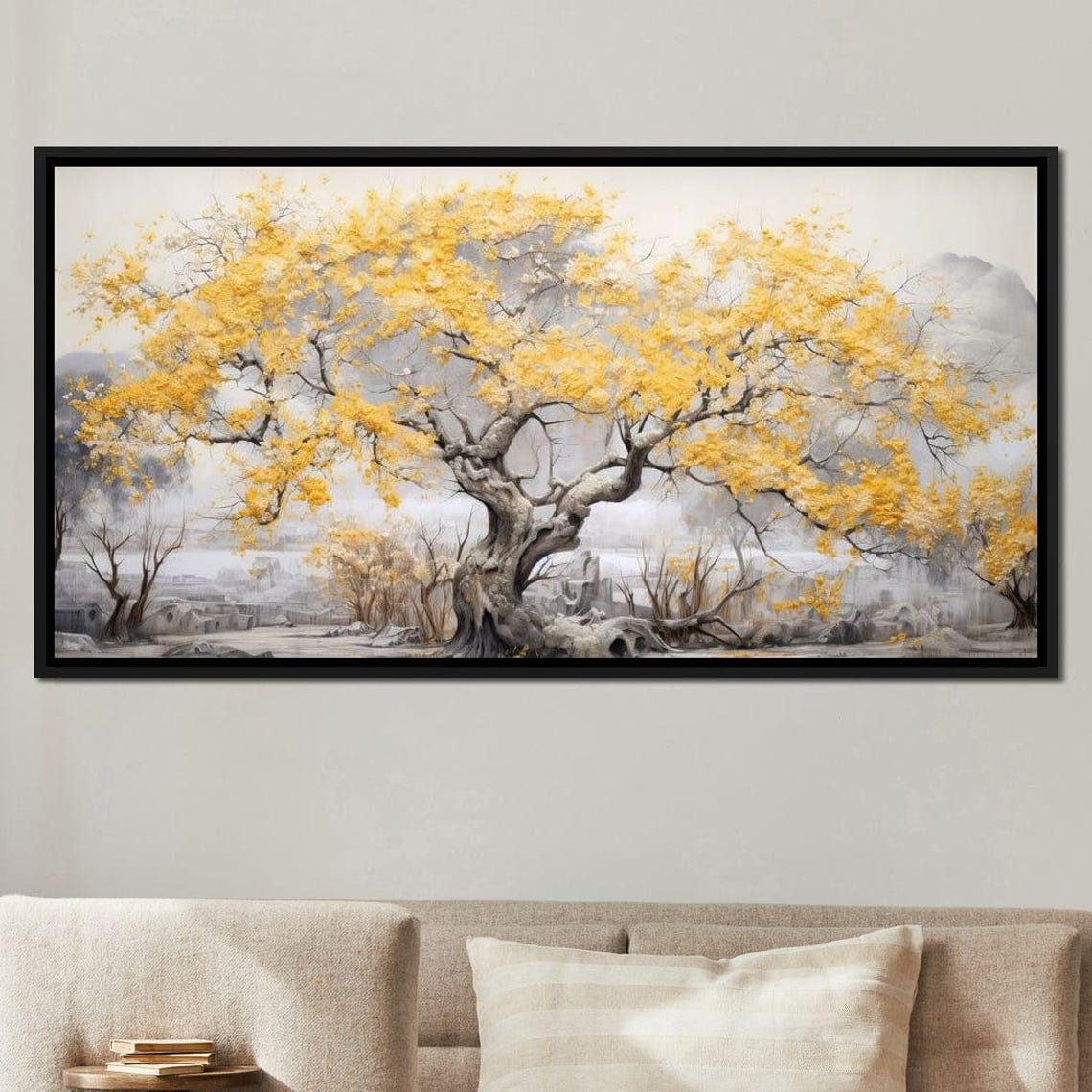 Golden Blossom Tree Misty Grey Landscape Serene Autumn Nature Wall Art - Image 2