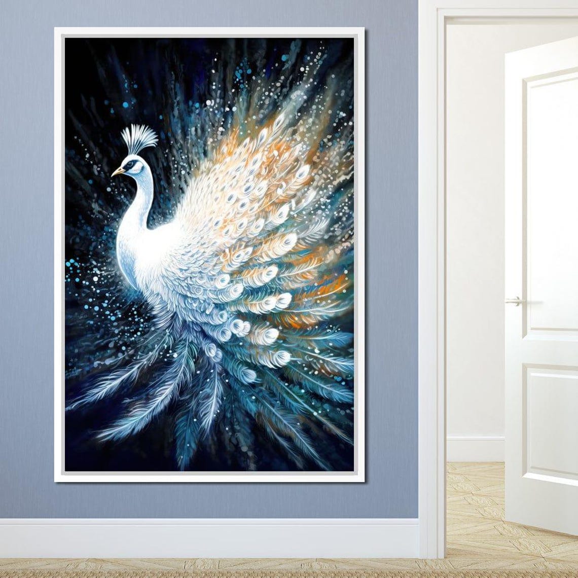 White Peacock Spread Wings Blue Gold Feathers Night Sparkle Art Poster