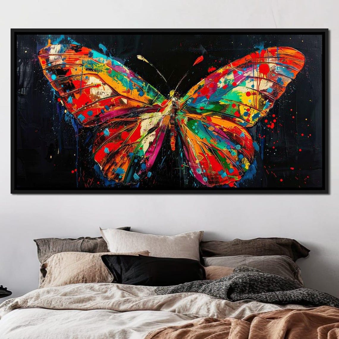 Painted Wings Vibrant Butterfly Red Orange Blue Abstract Dark Wall Art - Image 3