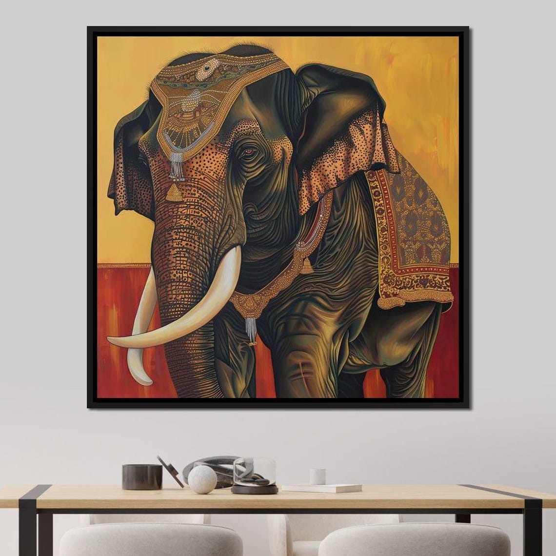 Indian Festival Elephant Ornate Caparison Amber Wildlife Wall Art - Image 3