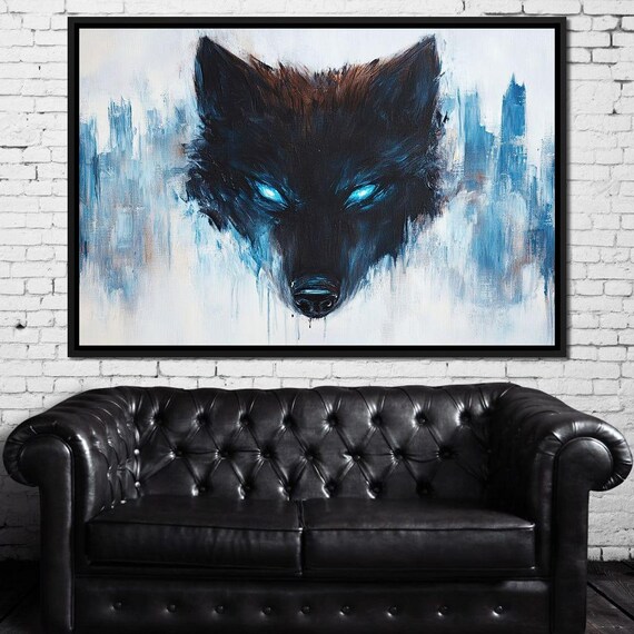 Black Wolf Glowing Blue Eyes Mystical Abstract Wildlife Wall Art