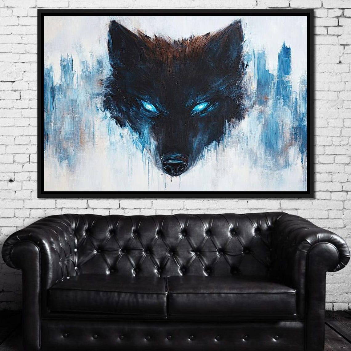 Black Wolf Glowing Blue Eyes Mystical Abstract Wildlife Wall Art