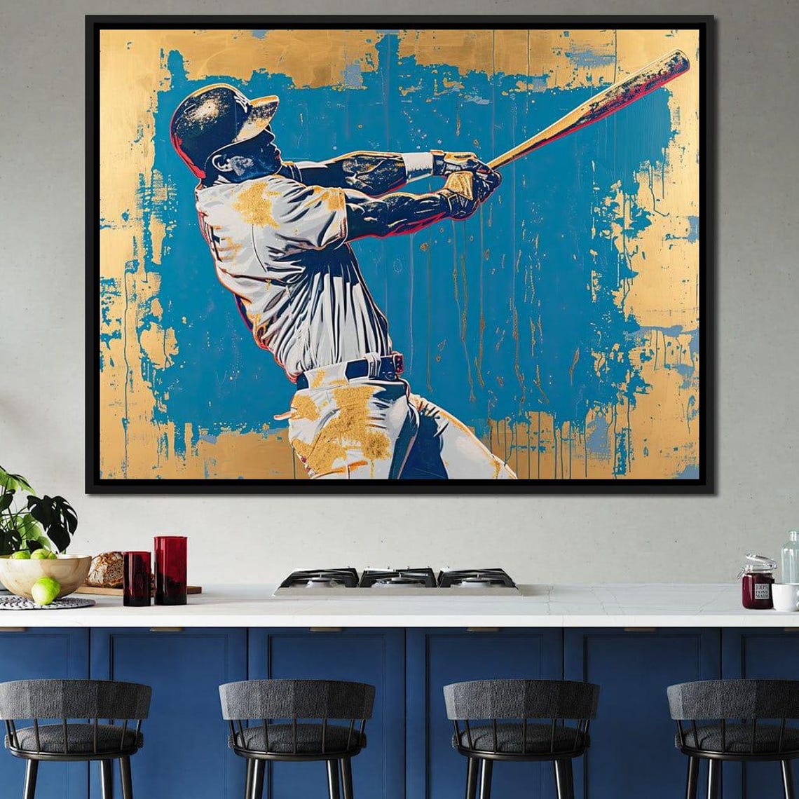 Baseball Player Mid Swing Pop Art Teal Gold Dynamic Sports Poster