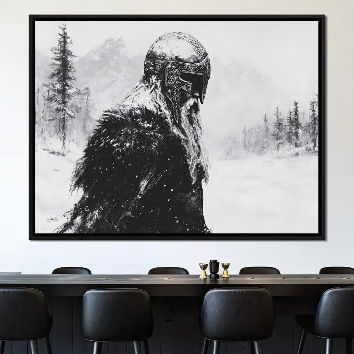 Norse Viking Warrior In Snowy Winter Forest Monochrome Poster - Image 3