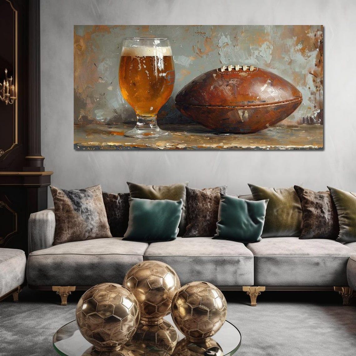 Autumn Game Night Cheers Beer And Football Art Cozy Fall Sports Decor Football Season Wall Art By Nichecanvas - Image 3