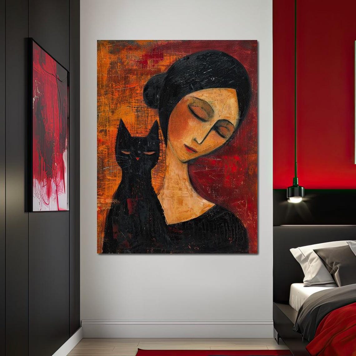 Abstract Woman With Black Cat Cozy Warm Orange Tones Wall Art Poster - Image 2