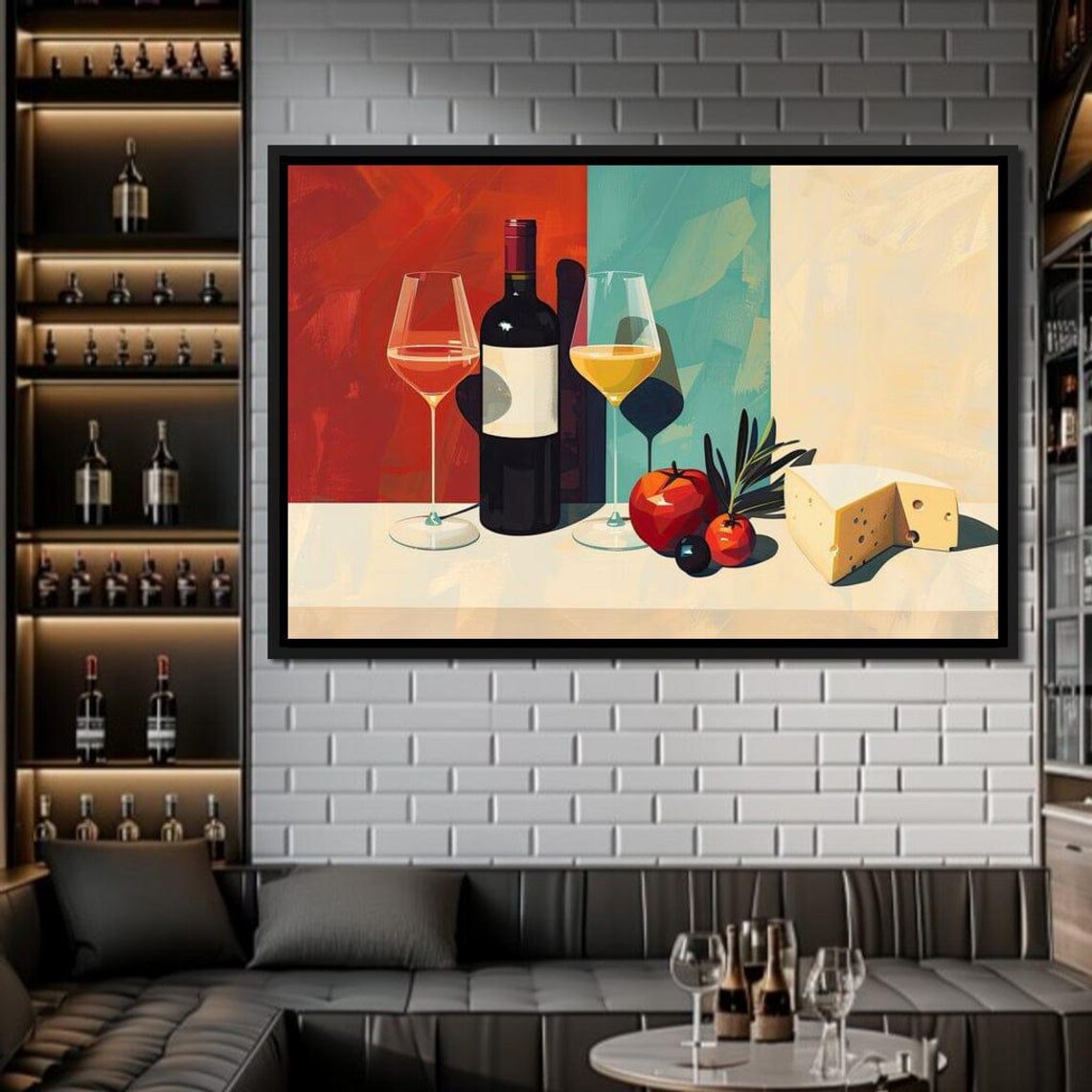 Elegant Red White Wine Glasses Bottle Still Life Vibrant Kitchen Art Poster - Image 2
