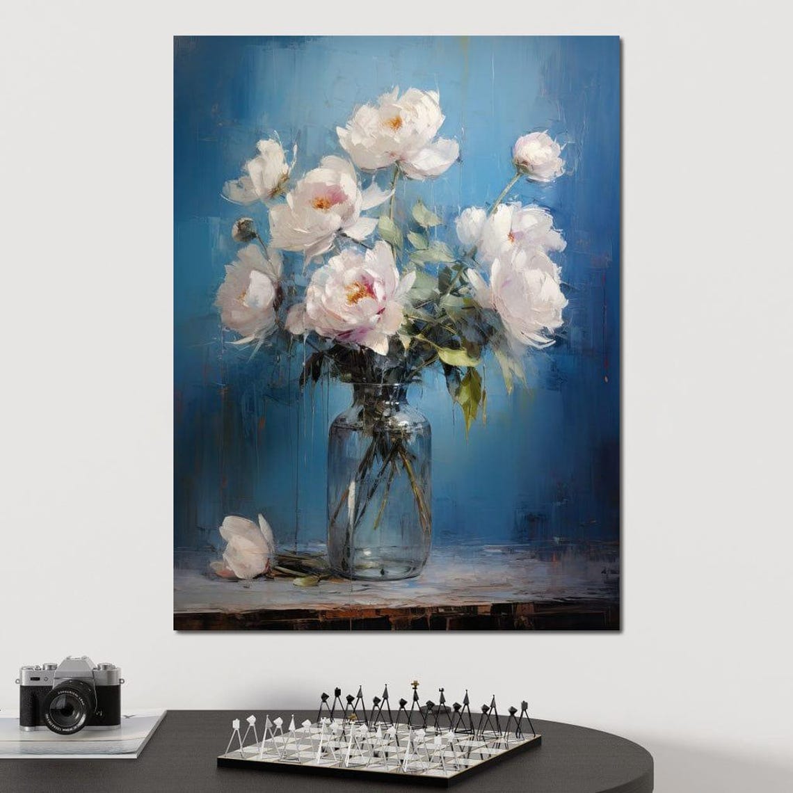 White Peony Bouquet Glass Vase Serene Blue Floral Wall Art Poster - Image 3