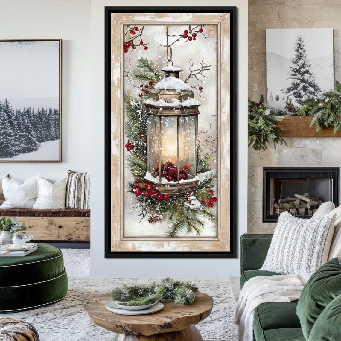 Rustic Christmas Lantern, Winter Holiday Wall Art