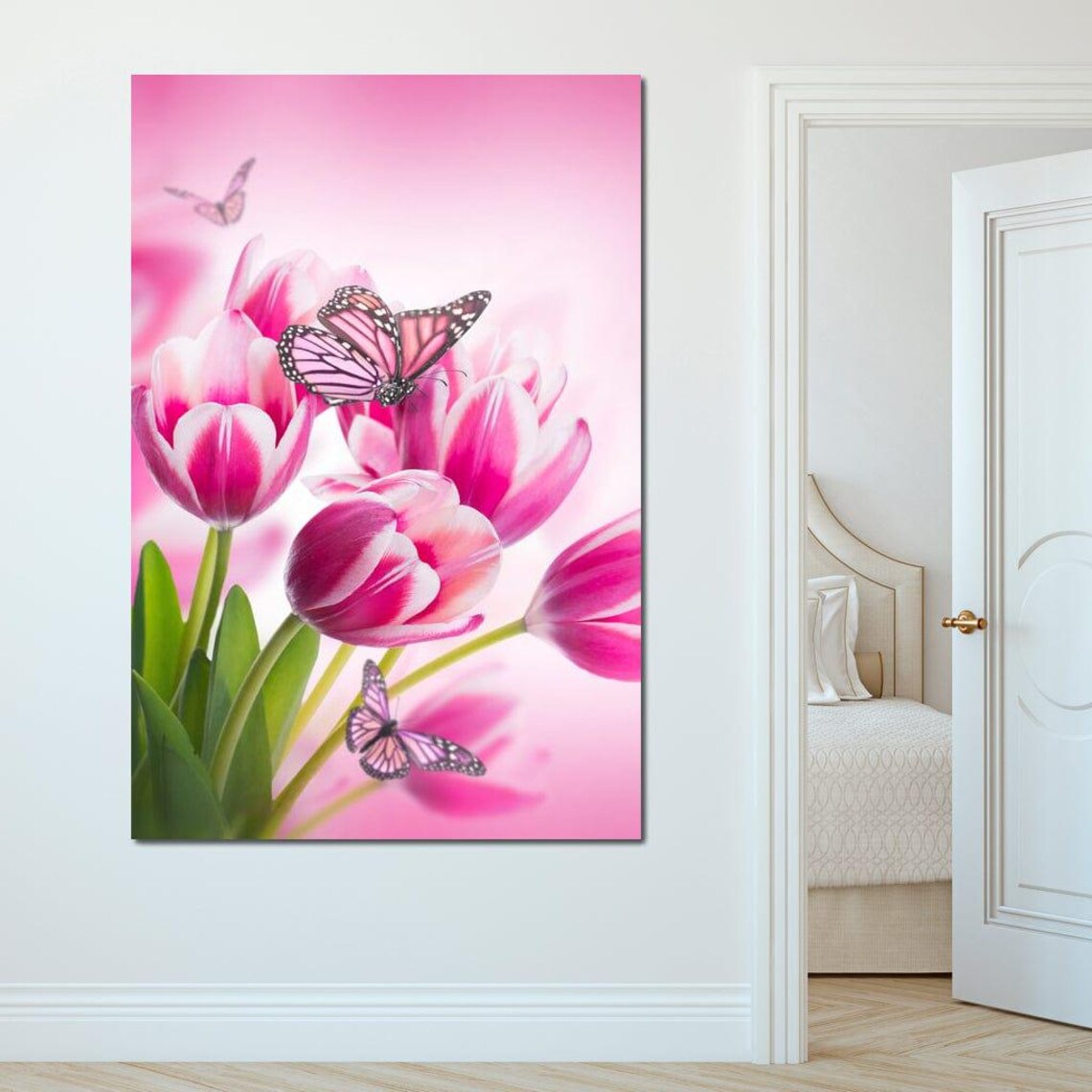 Pink Tulips And Butterflies Spring Floral Botanical Wall Art Poster - Image 4