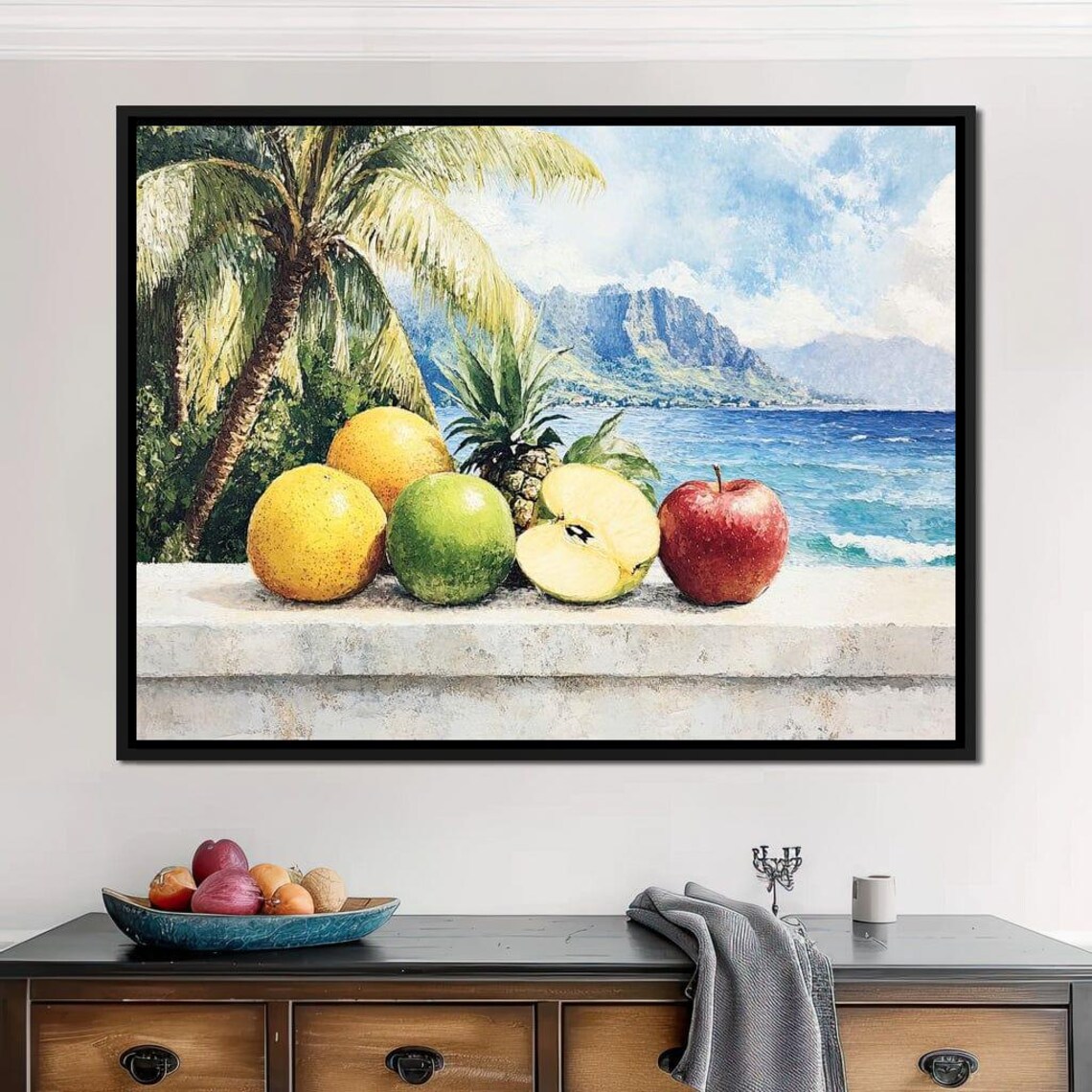 Tropical Fruits Beach Palm Ocean Mountain View Still Life Poster - Image 4
