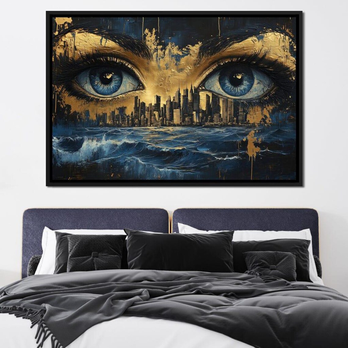 Golden Blue Eyes Night City Skyline Ocean Waves Mystic Wall Art - Image 3