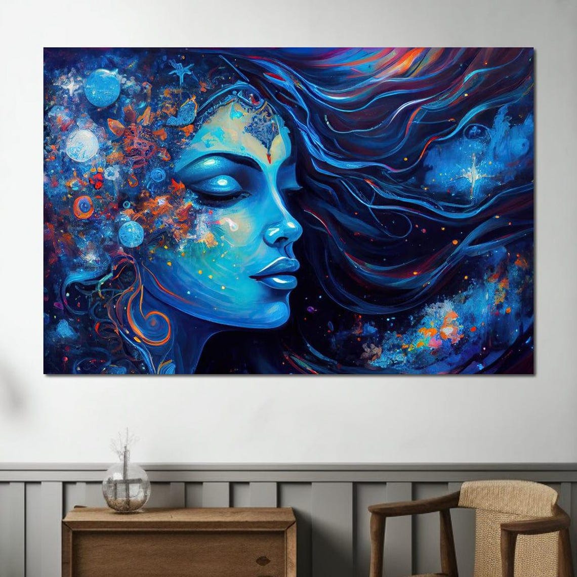 Blue Cosmic Goddess Portrait Night Sky Swirling Galaxy Wall Art - Image 3