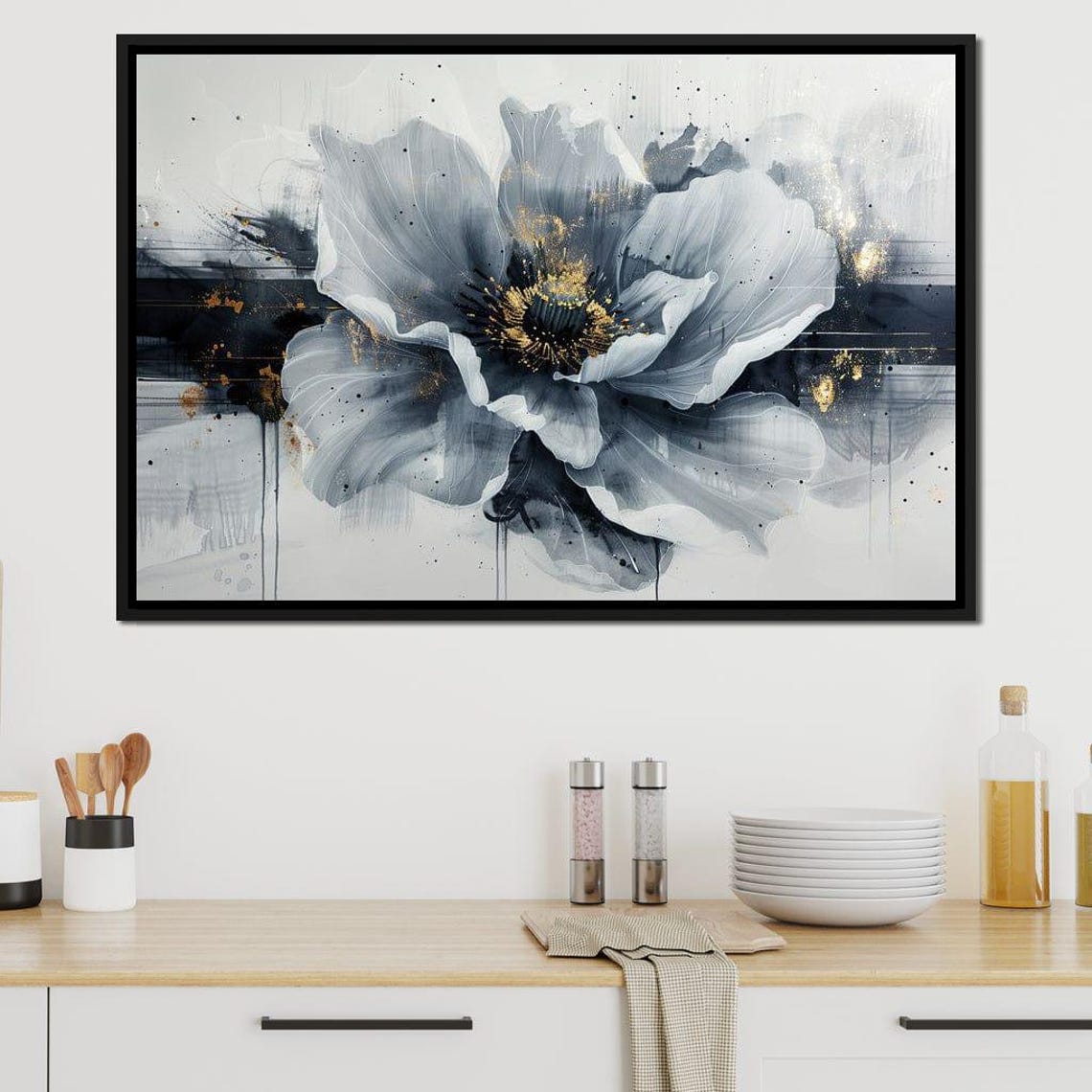 Monochrome Gray Flower Gold Center Abstract Modern Floral Wall Art - Image 4