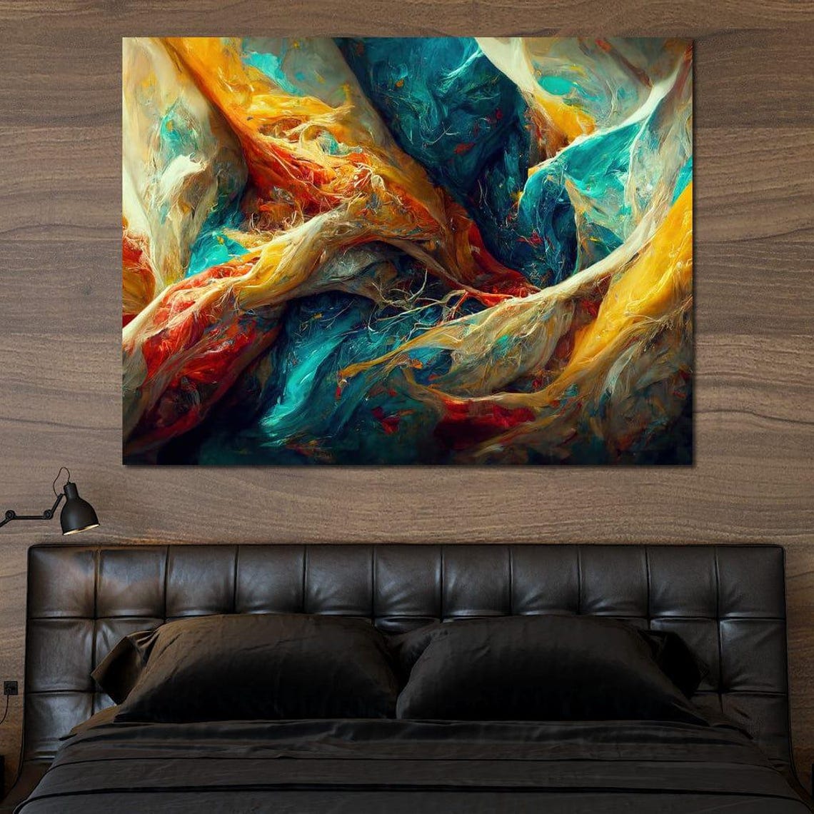 Gold Teal Silk Swirl Waves Five Panel Modern Abstract Wall Art - Image 4