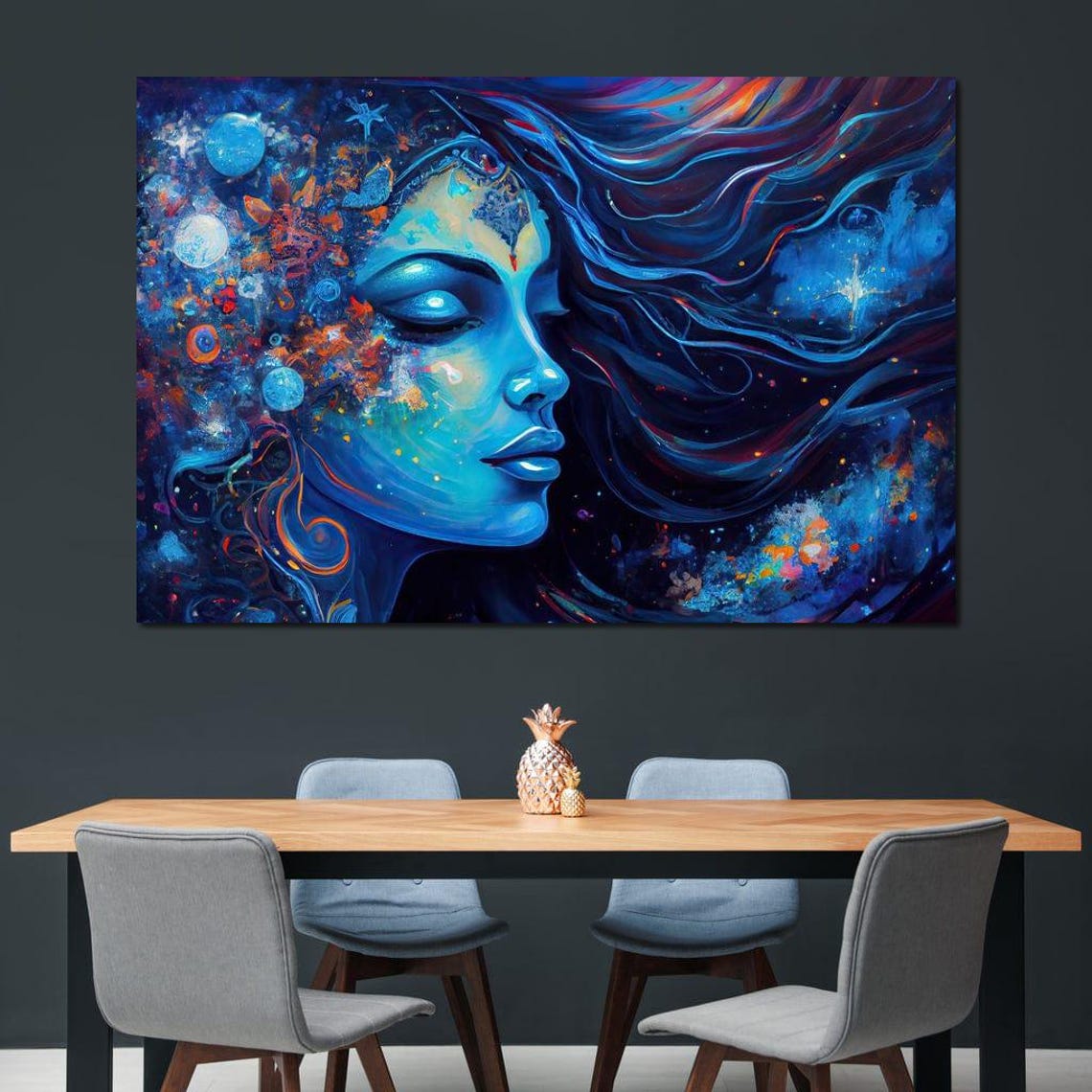 Blue Cosmic Goddess Portrait Night Sky Swirling Galaxy Wall Art - Image 2
