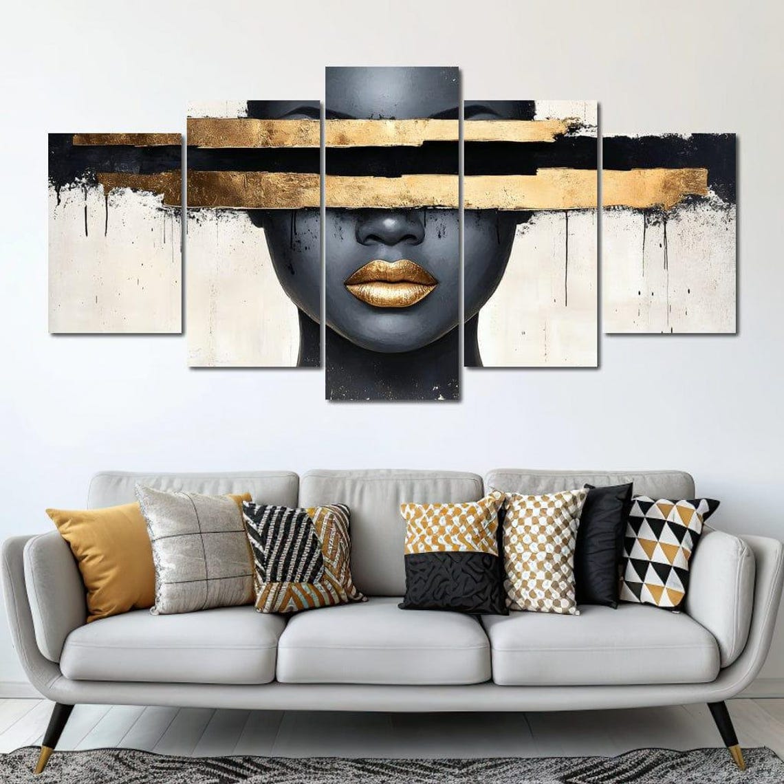 Mysterious Dark Portrait with Gold Leaf Lips Minimalist Poster - Image 4