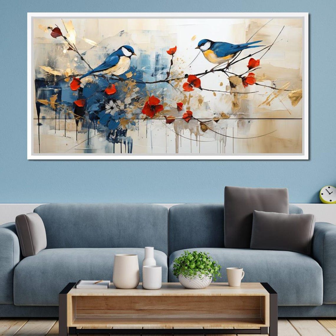 Bluebirds On Blossom Branch Five Panel Canvas Wall Art Poster - Image 2