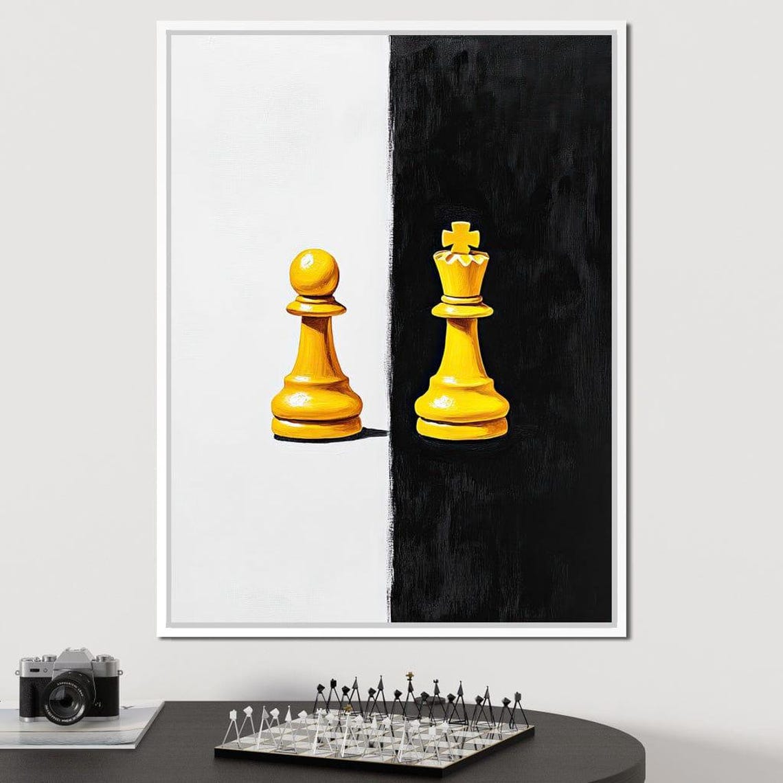 Minimalist Yellow Chess King Pawn Black White Split Modern Art Poster - Image 2