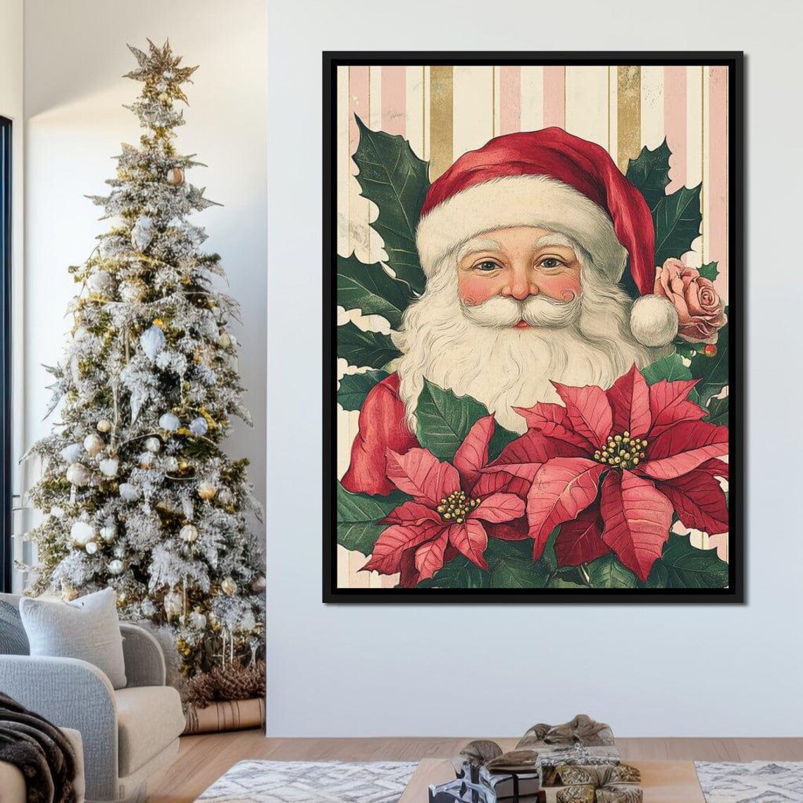 Vintage Santa With Poinsettia And Holly Leaves Classic Xmas Poster - Image 3