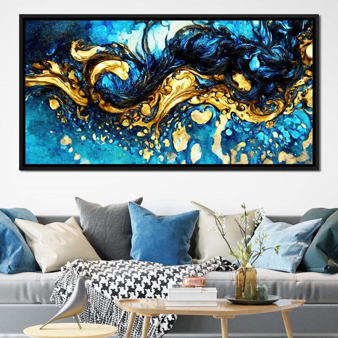 Electric Blue Gold Swirl Ink Waves Framed Abstract Modern Wall Art