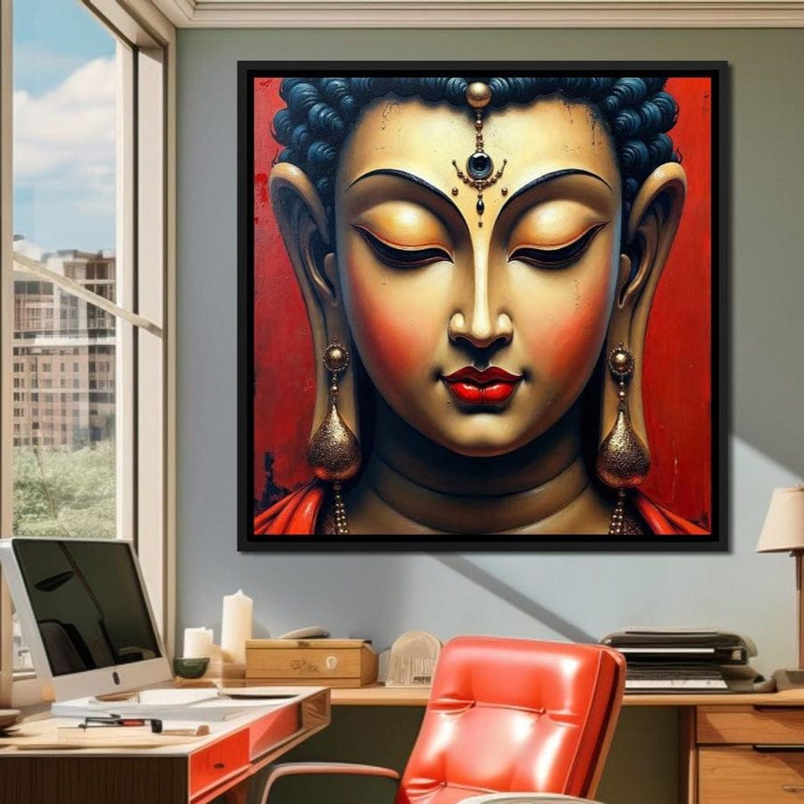 Serene Buddha Face Red Background Gold Robe Meditative Zen Art Poster