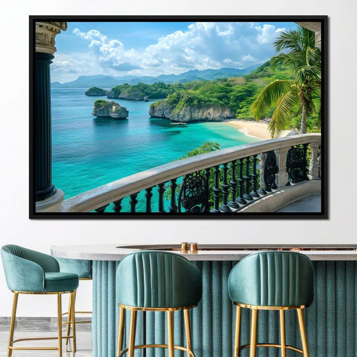 Tropical Island Ocean View From Stone Balcony Seascape Poster