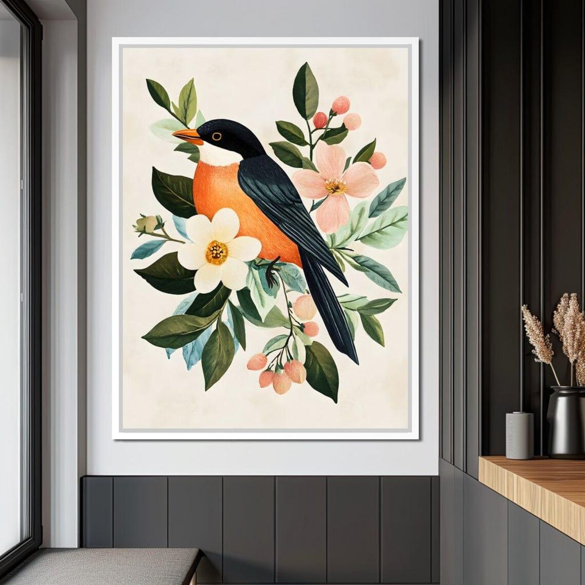 Black Headed Songbird With Vintage Spring Blossom Flowers Poster - Image 3