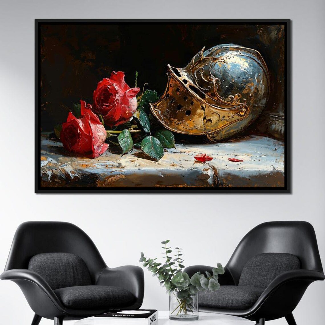Red Roses And Knight Helmet Baroque Oil Still Life Wall Art Poster - Image 2