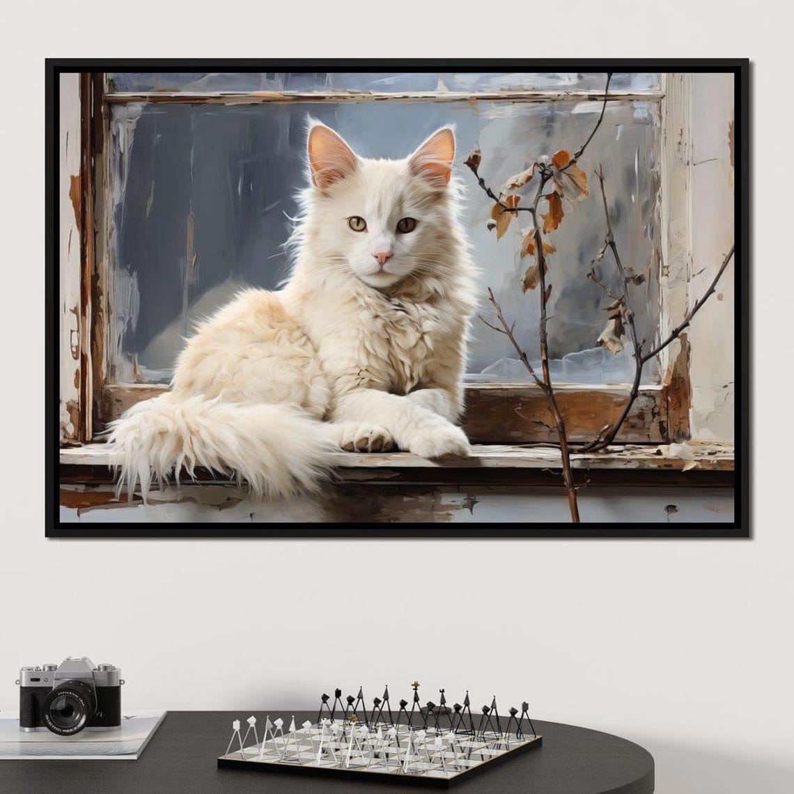 White Cat Serene Long Haired Feline Rustic Window Sill Poster - Image 3