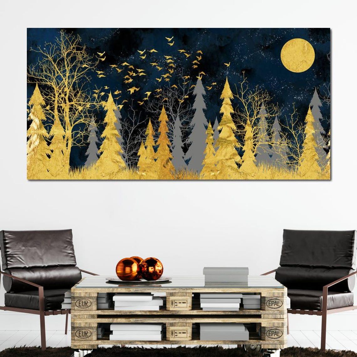 Golden Moonlit Forest Night Sky Birds Gold Navy Modern Art Poster - Image 2