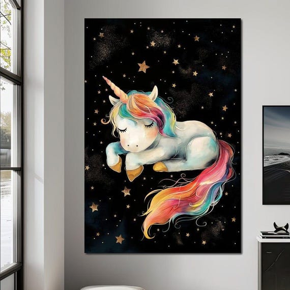 Dreamy Rainbow Unicorn Slumber Magical Kids Wall Art Whimsical Bedroom Decor Fantasy Celestial Theme Art By Nichecanvas