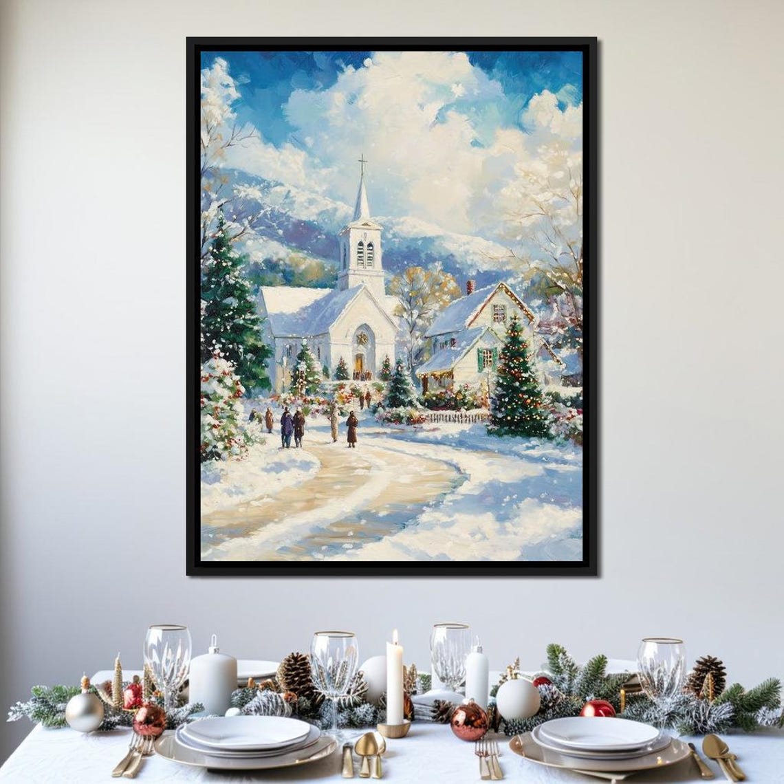 Snowy Village Chapel Christmas Scene Winter Village Gathering Poster - Image 4