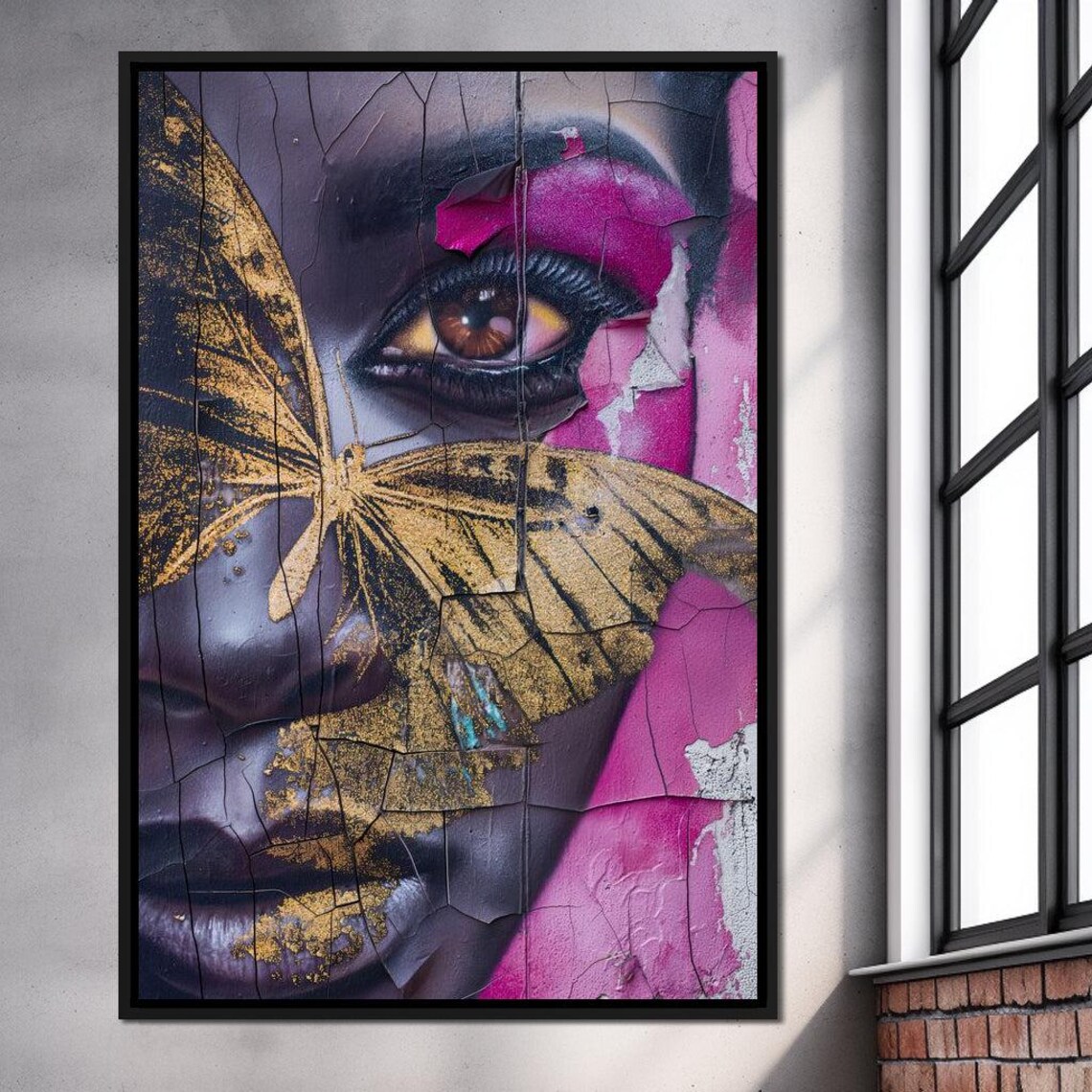 Golden Butterfly Woman Eye Cracked Graffiti Urban Street Art Poster - Image 3