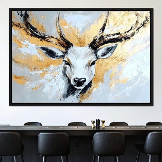 Frontal White Stag with Dark Antlers in Gray and Gold Swirls Poster