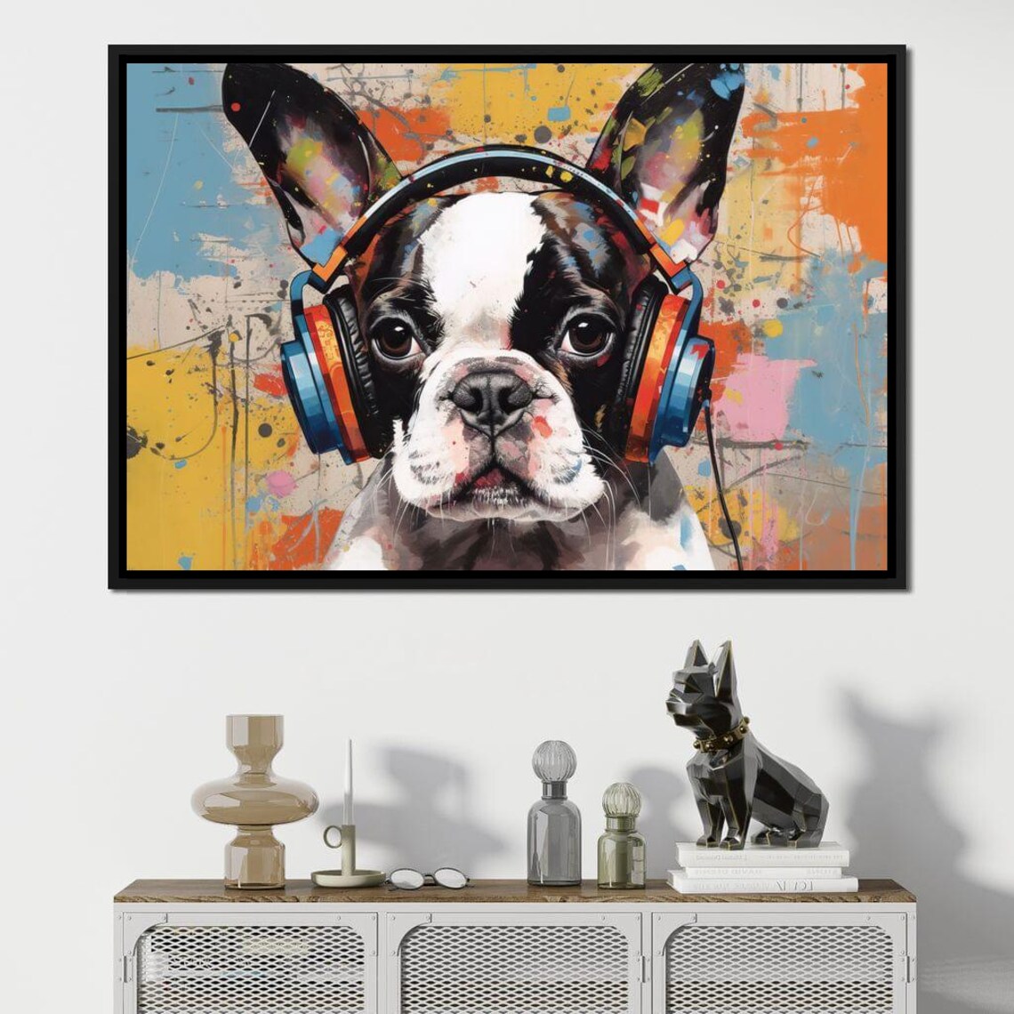 Boston Terrier Wearing Headphones Pop Art Colorful Dog Wall Art Poster