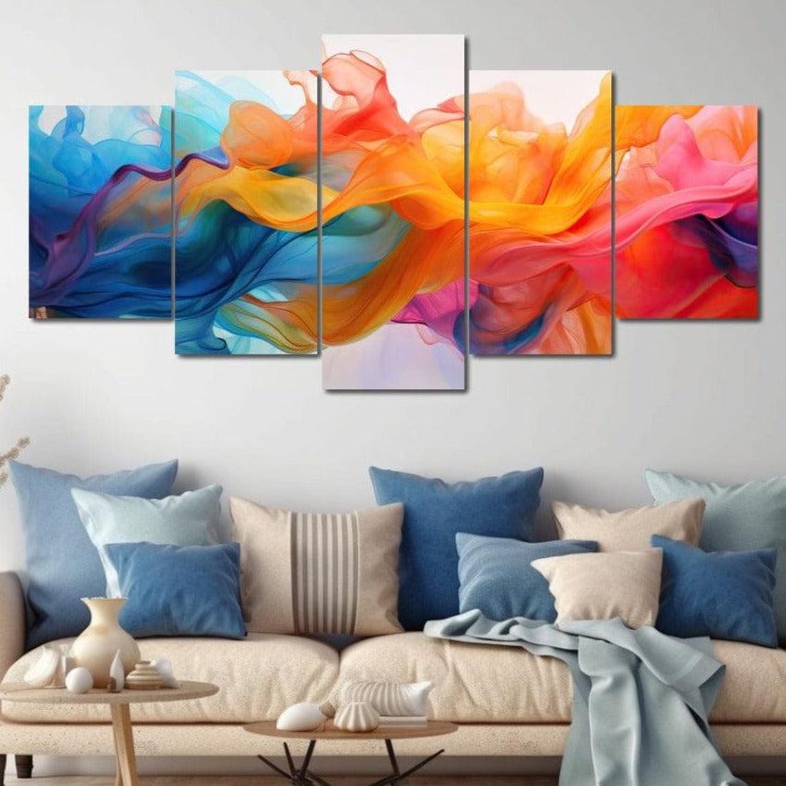 Orange Blue Pink Silk Smoke Waves Five Panel Abstract Wall Art