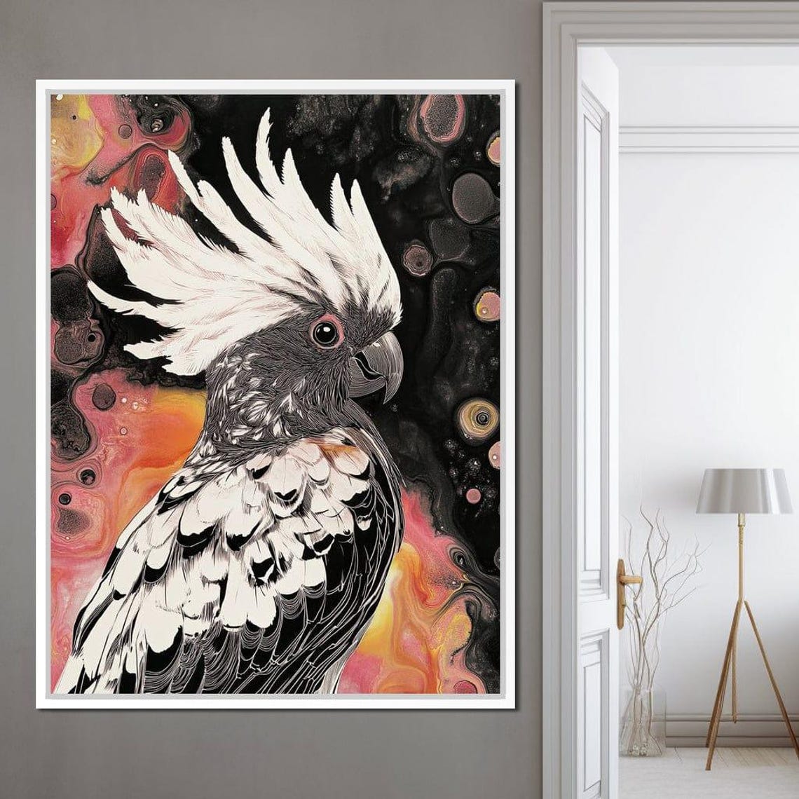 Crested Black and White Cockatoo on Fiery Abstract Background Poster - Image 4