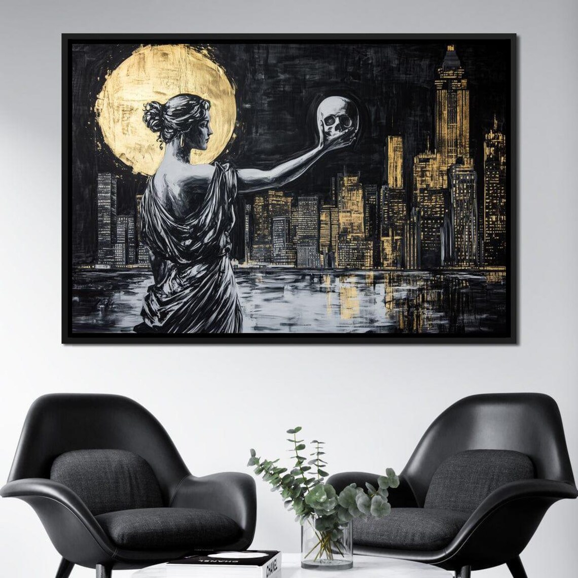 Greek Statue Woman Skull Gold Moon Night City Skyline Wall Art - Image 3