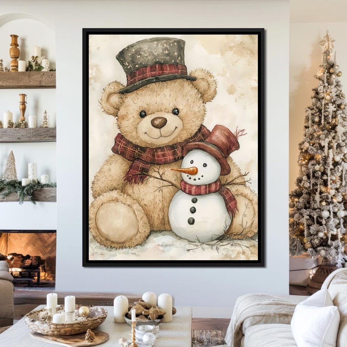 Teddy Bear And Snowman Wearing Winter Hats Vintage Xmas Poster - Image 3
