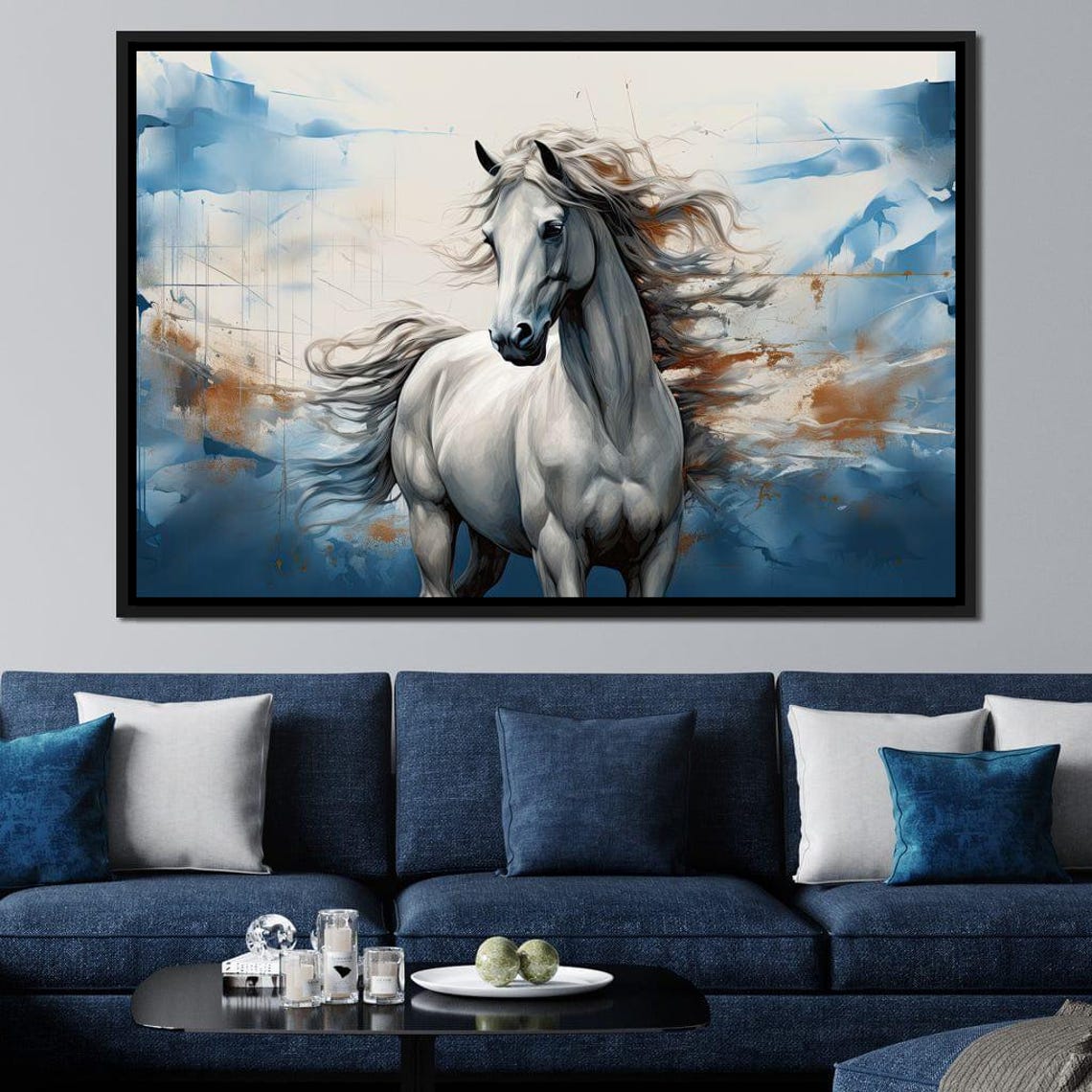 Majestic White Horse Flowing Mane Blue Abstract Equestrian Poster