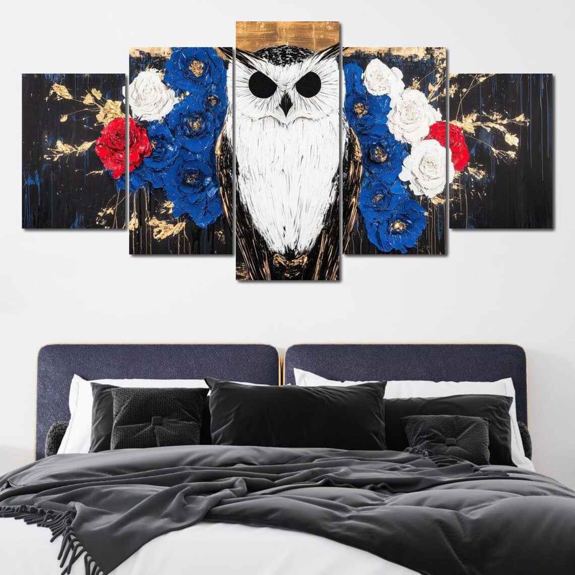 White Owl With Floral Wings Halo Black Gold Dramatic Art Poster - Image 4