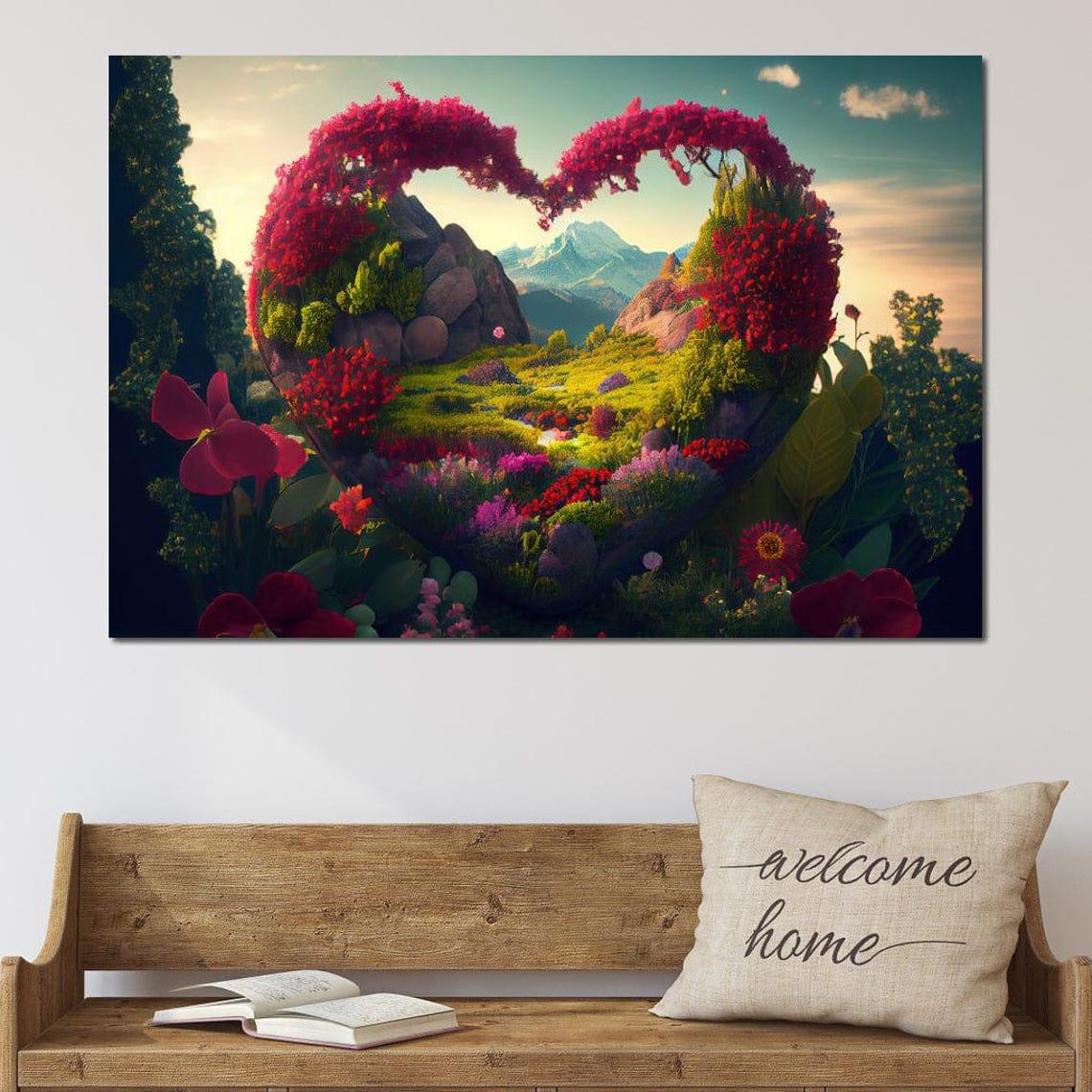 Romantic Heart Shaped Flower Garden Mountain Landscape Art Poster - Image 3