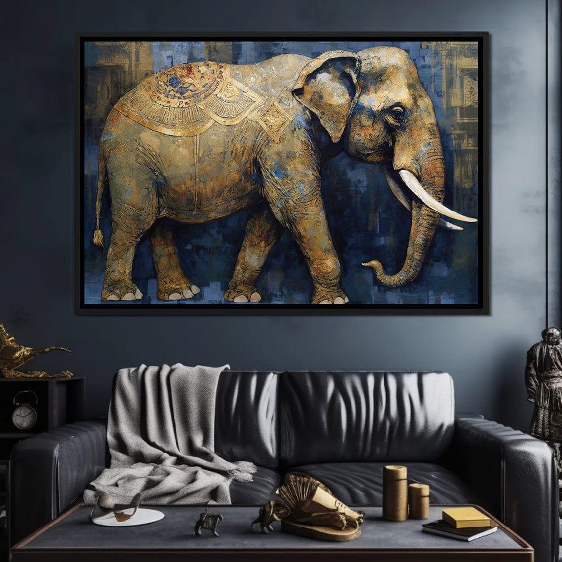 Majestic Elephant Textured Gold Blue Walking Wildlife Wall Art - Image 2