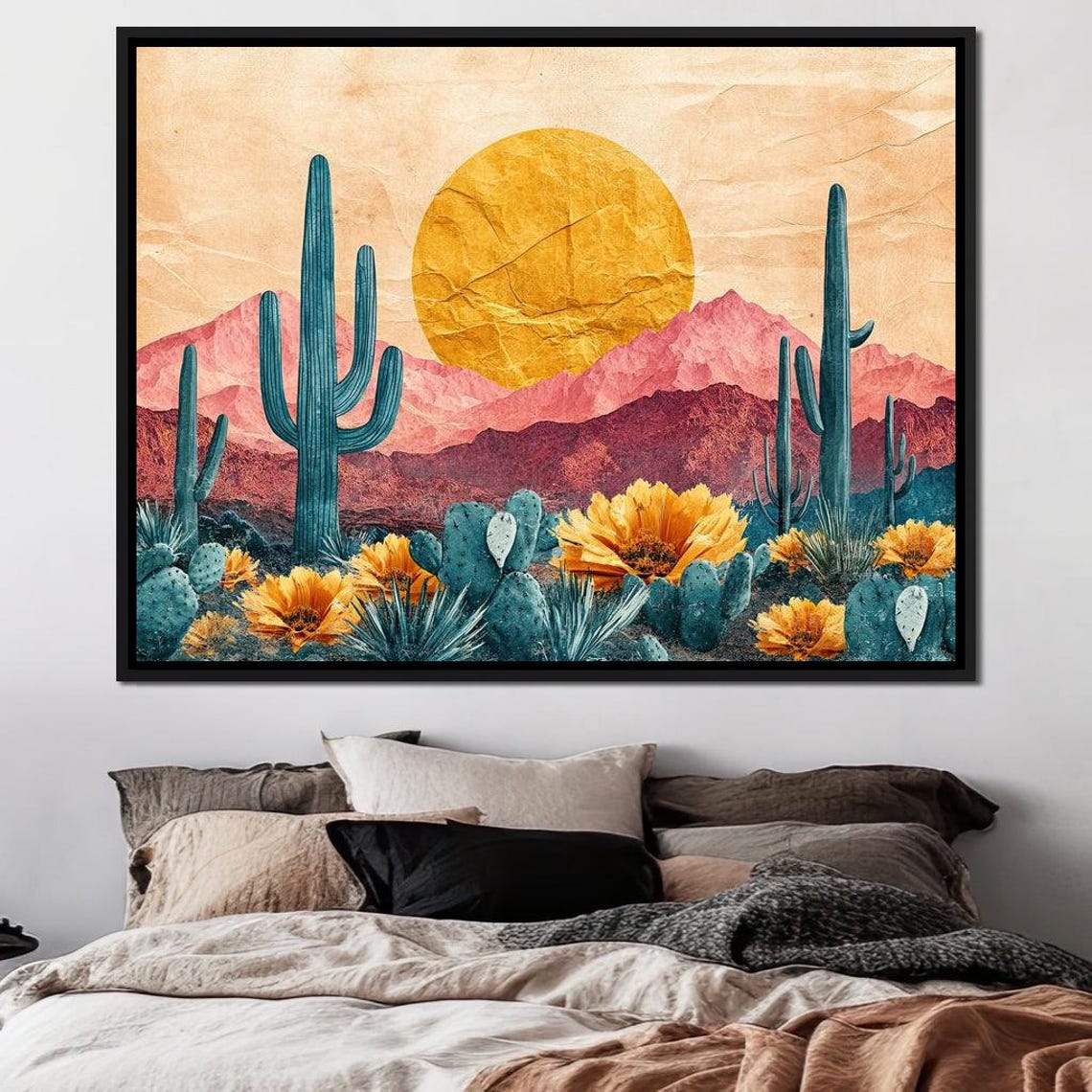 Desert Sunset Saguaro Cacti Blooming Flowers Mountain View Poster